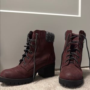 Burgundy Lace Up Boots with Chunky Heel